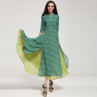 Printed Elbow-sleeve A-line Maxi Dress