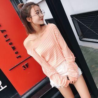 Long-sleeve Asymmetric Shoulder Striped Top