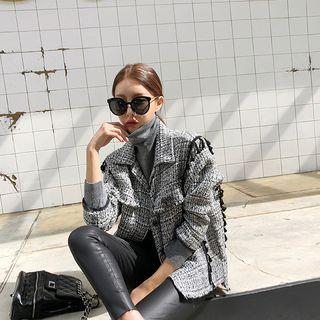 Collared Buttoned Tasseled Tweed Jacket Black - One Size