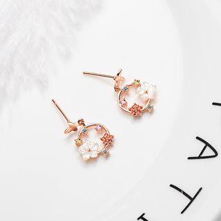 Butterfly & Flower Hoop Dangle Earring Copper Rose Gold Plating - One Size