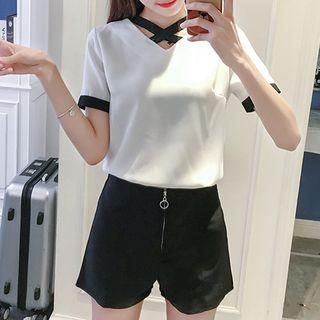 Set: Cross Strap Color Panel Short Sleeve Top + Wide Leg Shorts