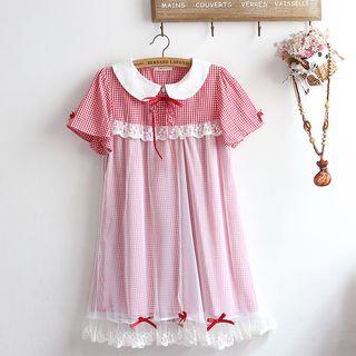 Short-sleeve Lace Panel Plaid Dress Red - One Size