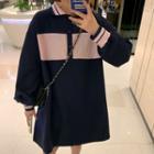 Long-sleeve Color Block Polo Shirt Dress Pink & Blue - One Size