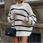 Long-sleeve Mock-neck Striped Ribbed Knit Sweater