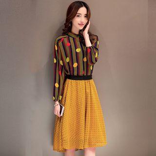 Set: Long-sleeve Striped Top + A-line Midi Skirt