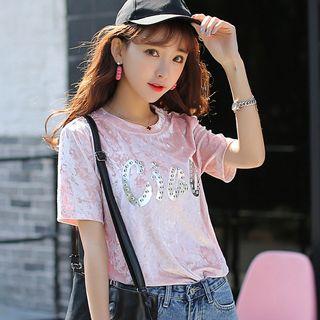 Lettering Velvet Short Sleeve T-shirt