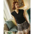 Set: Sleeveless Pointelle-knit Top + Tasseled Chiffon Mini Skirt