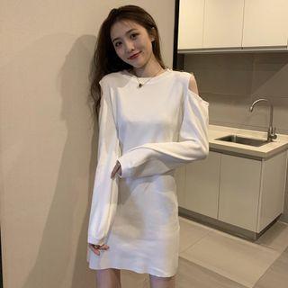 Long-sleeve Plain Cutout Mini Dress