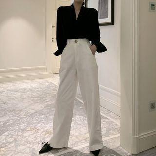 Set: Long-sleeve V-neck Blouse + Wide Leg Pants