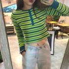 Long-sleeve Cropped Striped Knit Top Green - One Size