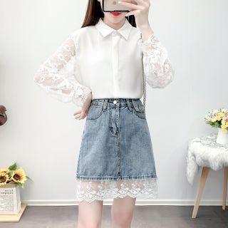 Set: Lace-panel Shirt + A-line Denim Skirt