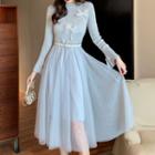 Long-sleeve Embellished Midi Mesh Dress