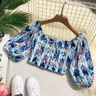 Elbow-sleeve Cropped Printed Top