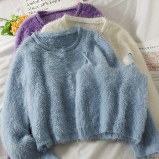 Set: Furry-knit Camisole Top + Crew-neck Cardigan