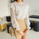 Balloon-sleeve Frill-trim Lace Top