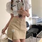 Applique Denim Mini Pencil Skirt / Short-sleeve Ruffle Crop Shirt / Plaid Tie / Set