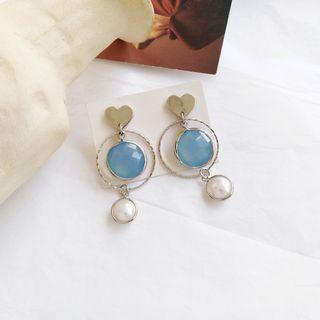 Resin Bead Faux Pearl Alloy Heart Dangle Earring Stud Earring - 1 Pair - Silver - One Size