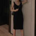 Set: Loose-fit Plain Cardigan + Backless Sleeveless Dress Black - One Size