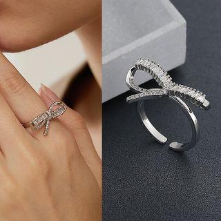Bow Rhinestone Alloy Open Ring Silver - One Size