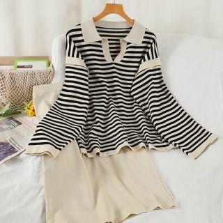 Set: Striped Sweater + Knit Midi Pencil Skirt