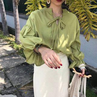 Tie-neck Long-sleeve Bell-cuff Blouse