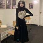 Long-sleeve Turtleneck Skinny Top / Spaghetti Strap Floral Velvet Midi Dress