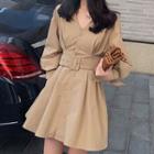 Long-sleeve Buttoned Belted Mini A-line Dress