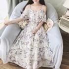 Short-sleeve Cold Shoulder Floral Print Maxi Dress