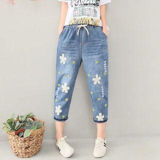 Flower Print Cropped Straight-leg Jeans