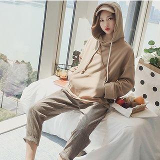 Set: Plain Hoodie + Cropped Plaid Straight-fit Pants