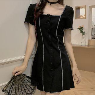 Short-sleeve Contrast Trim Single-breasted Mini A-line Dress