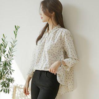 Button-detail Shirred Floral Blouse