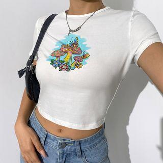 Mushroom Print Short-sleeve Cropped T-shirt