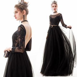 Lace Panel Backless Mesh A-line Evening Gown