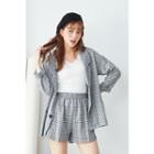 Set: Single-buttoned Plaid Blazer + Elastic Waist Shorts Dark Gray - One Size