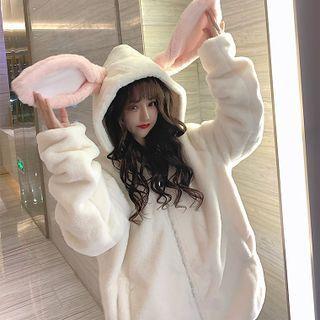 Rabbit Ear Fluffy Hooded Zip Jacket