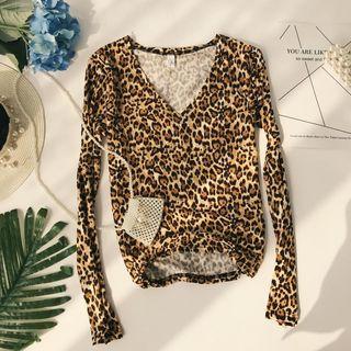 Plain / Leopard Print Long-sleeve Velvet Top