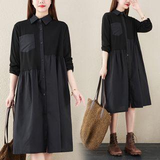 Long-sleeve Panel Midi A-line Shirtdress
