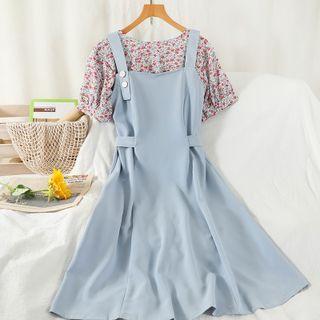 Set: Short-sleeve Floral Print Top + Sleeveless Dress