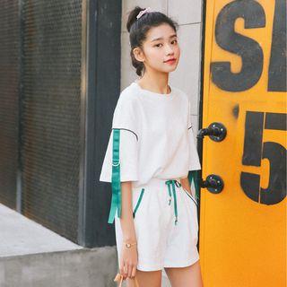 Set: Strap Detail Elbow-sleeve T-shirt + Drawstring Shorts