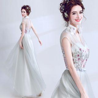 Embroidery Stand-collar Tulle-overlay Evening Gown