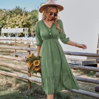 Elbow-sleeve V-neck Lace-trim Midi Dress