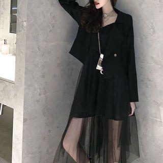 Double-breasted Cropped Blazer / Spaghetti Strap Midi A-line Mesh Dress