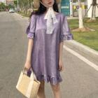 Frill Trim Glittered Elbow Sleeve Dress