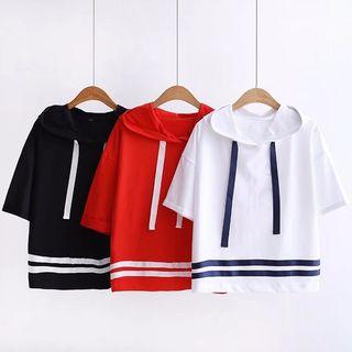 Short-sleeve Stripe Hooded T-shirt