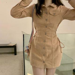 Long-sleeve Plain Cargo Mini Dress Orange Pink - One Size