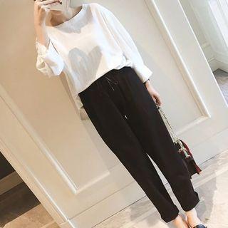 Set: Plain Long-sleeve T-shirt + Drawstring Straight-fit Pants