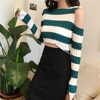 Cutout-shoulder Color Block Cropped Knit Top