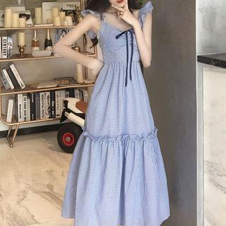 V-neck Plaid Midi Sleeveless Dress