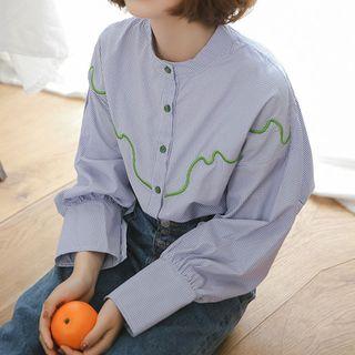 Embroidered Plaid Band Collar Shirt